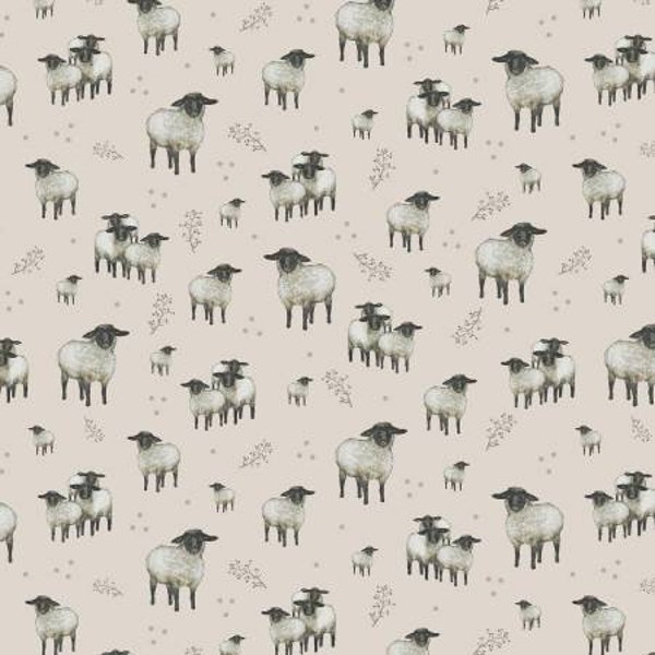 A Beautiful Day Sheep overall Print - cotton fabric, quilting fabric, low volume fabric, baby quilt fabric, farm animal fabric