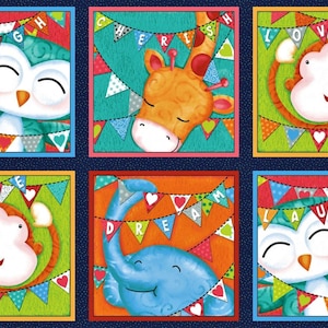 May include: A fabric panel featuring six square illustrations of adorable animals. Each square has a different animal: an owl, giraffe, monkey, and elephant. Each illustration has a banner with a positive word like "Laugh" or "Dream".