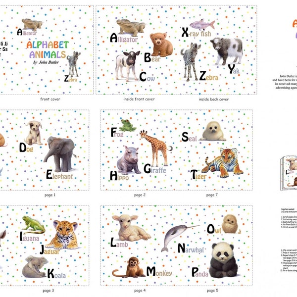 Alphabet animals, Cloth book panel for baby or toddler, fabric book panel, do-it-yourself sewing project