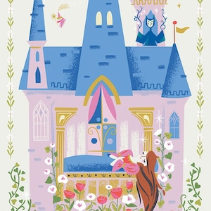 May include: Illustration of a pink and blue castle with fairies and a figure in a blue cloak. The castle has blue turrets and flags. Flowers and vines frame the castle, with a white background.