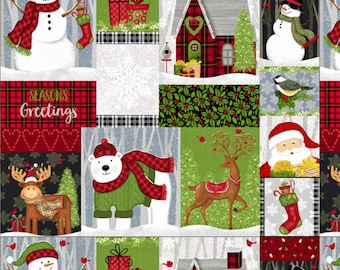 Snow merry patchwork fabric, Studio E fabric, Christmas patchwork scenes in green and red, overall print, 44" wide, fabric by the yard