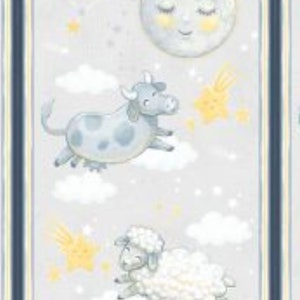 Reach for the Stars Baby Quilt Panel: Cow Jumping Over Moon Cotton Fabric Nursery Wall Hanging