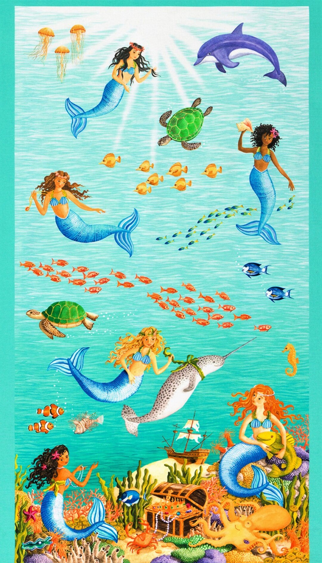 Once Upon a Mermaid Fabric Panel, Cotton Fabric, Quilting Fabric, 24