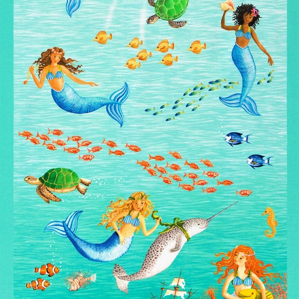 Once Upon a Mermaid fabric panel, cotton fabric, quilting fabric, 24" wide by 44" long, cheater quilt top