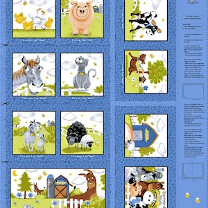 May include: A fabric panel featuring illustrated farm animals, including a pig, cow, horse, cat, and sheep, with text bubbles indicating their sounds. The panel is titled "Barnyard Blues" and has a blue border.
