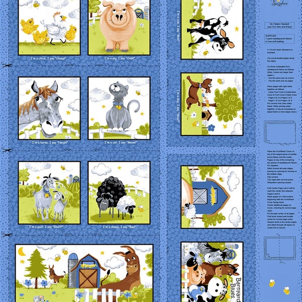 Barnyard Blues cloth book panel for baby or toddler, fabric book panel, do-it-yourself sewing project