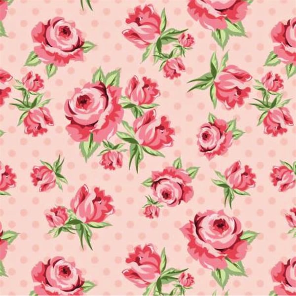 Dots and posies pink roses on pink overall print fabric, cotton fabric, floral print, fabric by the yard, quilt fabric, roses fabric