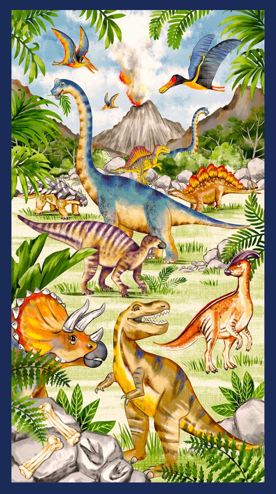 Multi Dinosaur Fabric Panel Michael Miller DCX11150MULT Cotton Fabric