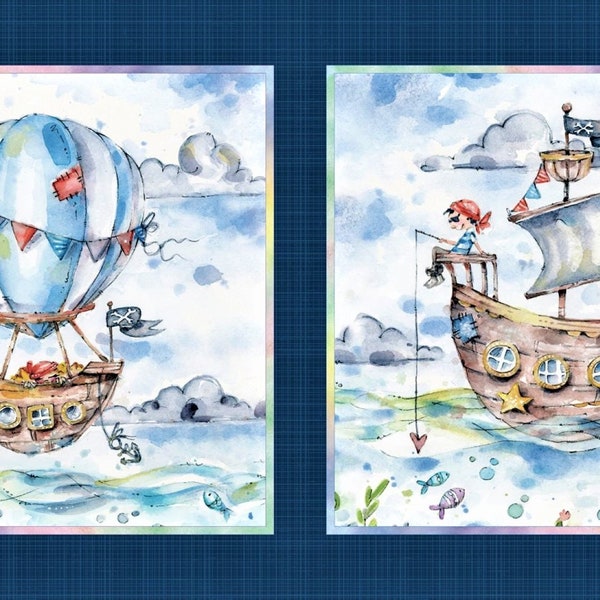 Enchanted Seas Pirate pillow fabric panel, P & B Textiles fabric, cotton fabric, pirate fabric, 24" long by 44" wide, quilt top panel