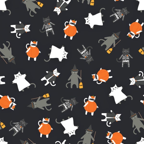 Hey bootiful  cats in Halloween costumes charcoal print fabric, overall print fabric, fabric by the yard, cotton fabric, quilt fabric