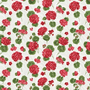 Betty's Geraniums White overall print fabric -  Benartex - 16093B-09 - cotton fabric, floral fabric. quilt fabric, quilt backing fabric