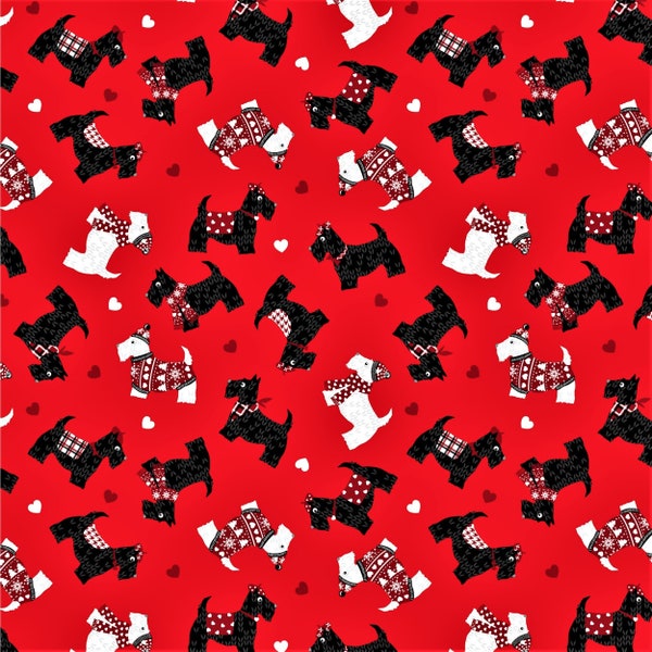 Knit and caboodle scottie dog fabric, cotton fabric, 44" wide, fabric by the yard, quilting fabric, winter fabric, overall print