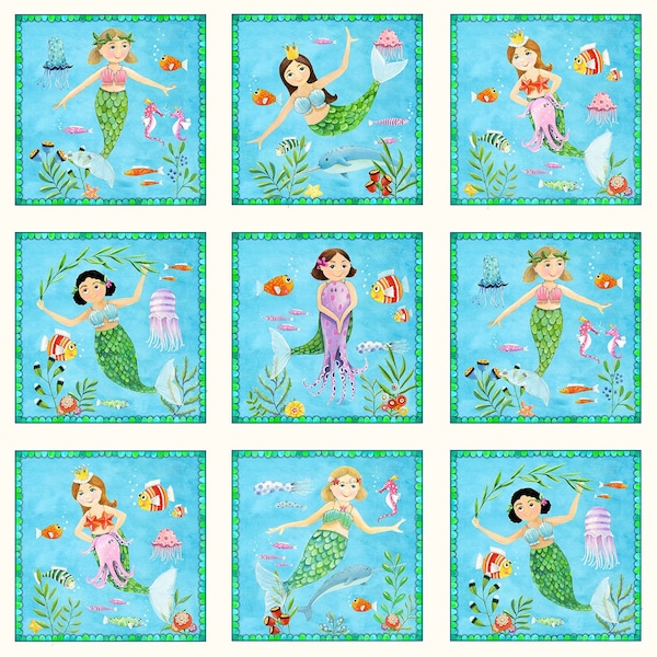 Little Mermaids 24 x 44 fabric panel - Elizabeths Studio - 17002E-CRM - quilting fabric, cotton fabric, mermaid fabric, ocean life fabric