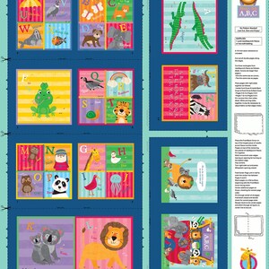 May include: A colorful fabric panel featuring animal illustrations and the alphabet. Each square showcases a different animal, such as a lion, elephant, and frog, with corresponding letters. The panel is designed for crafting projects.