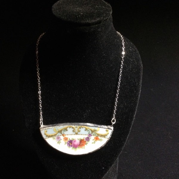 Upcycled China Plate Rim Necklace - Floral Garland with Robin’s Egg Blue