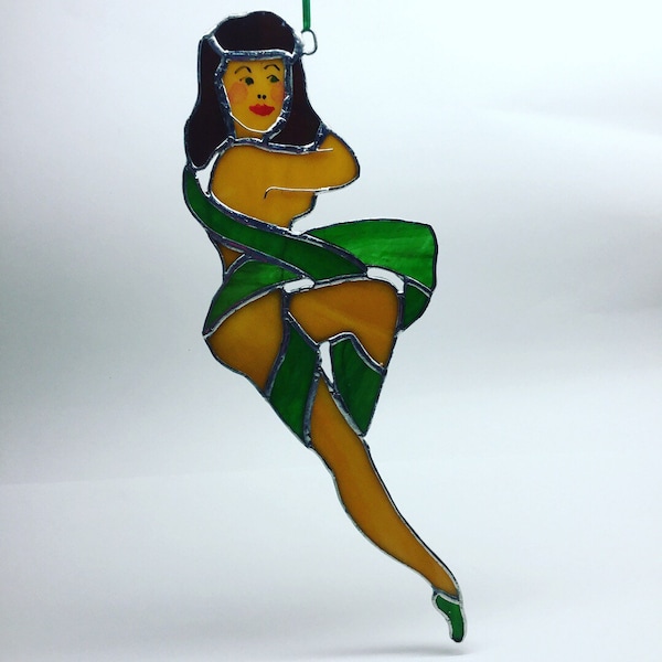 Ribbon Dancer Nude Pinup Girl Tattoo in Stained Glass