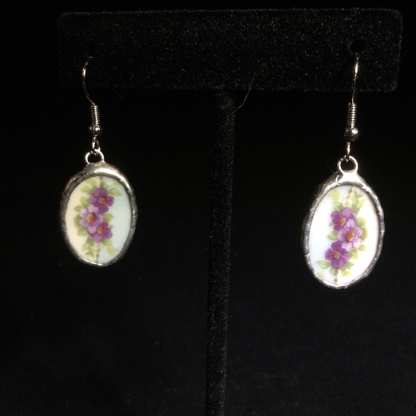 Upcycled China Plate Rim Earrings - Wee Purple Flowers with Robin’s Egg Blue