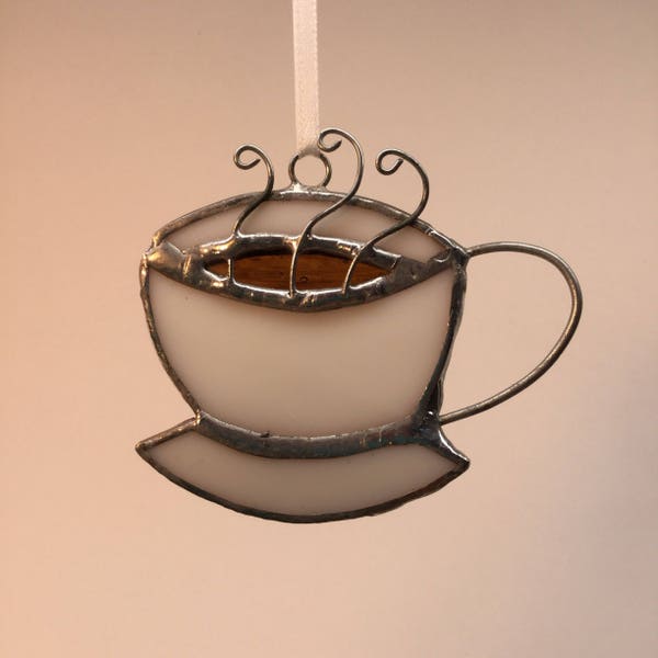 Small Stained Glass Ornament. Small White Mug Window Hanger in Stained Glass and Wire