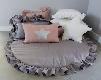 Gray Baby Play Mat with Ruffles, Padded Play Mat for Kids, Boho Kids Room Decor