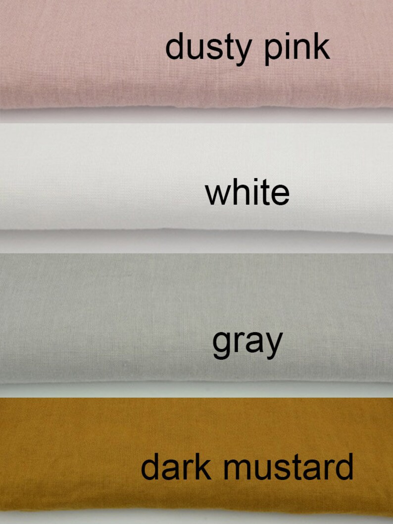 May include: Four fabric swatches in different colors: dusty pink, white, gray, and dark mustard.