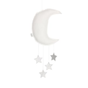 White Mobile Moon, Natural Linen Mobile, Crib Mobile, Nursery Mobile, Hanging Baby Decor, Gift for Baby Shower