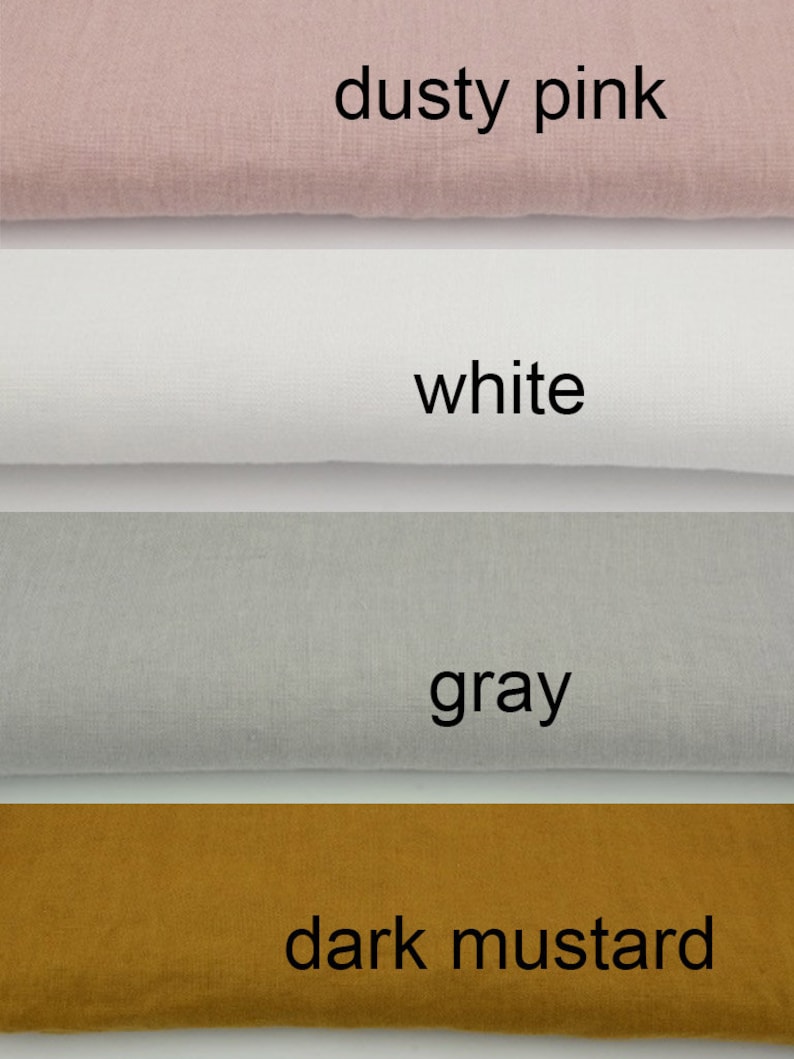 May include: Image of fabric swatches in four colours: dusty pink, white, grey, and dark mustard. Each colour is labelled with its name in black text. The fabric appears to be linen or a similar natural material.