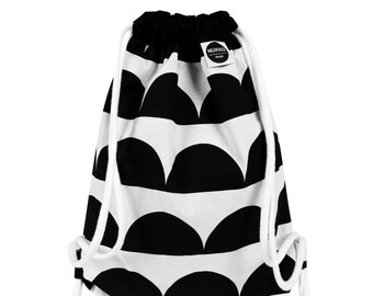 Scandinavian Drawstring Backpack for Kids, Black White Cotton Preschool Bag, Kindergarten Backpack, Minimalist Toddler Bag, Handmade