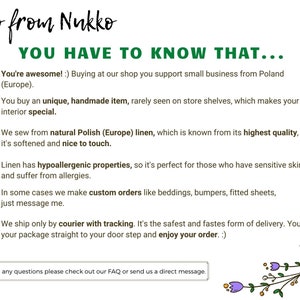 Puede incluir: Gr&aacute;fico con el texto "Hello from Nukko" y "YOU HAVE TO KNOW THAT..." seguido de vi&ntilde;etas sobre los productos de la tienda, incluyendo art&iacute;culos hechos a mano, lino polaco y pedidos personalizados. Acentos de dise&ntilde;o floral y de hojas.