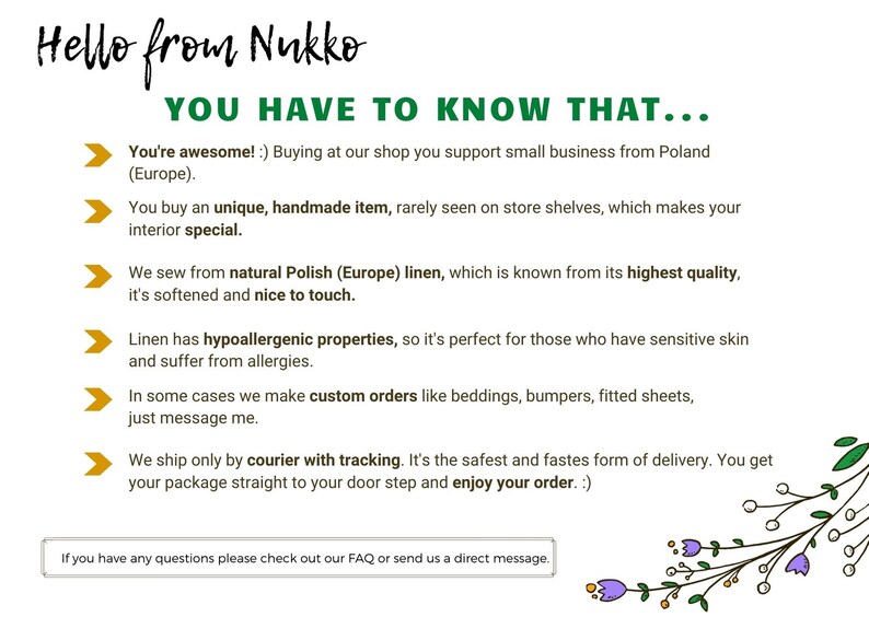 Puede incluir: Gr&aacute;fico con el texto "Hello from Nukko" y "YOU HAVE TO KNOW THAT..." seguido de vi&ntilde;etas sobre los productos de la tienda, incluyendo art&iacute;culos hechos a mano, lino polaco y pedidos personalizados. Acentos de dise&ntilde;o floral y de hojas.
