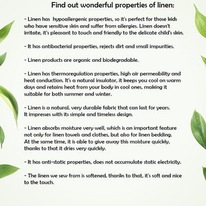 May include: A white background with green watercolour leaves and text detailing the properties of linen. The text describes linen's hypoallergenic, antibacterial, and thermoregulation qualities, as well as its durability and moisture-wicking abilities.