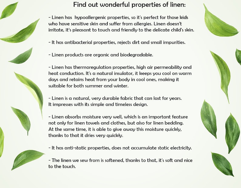 May include: A white background with green watercolour leaves and text detailing the properties of linen. The text describes linen's hypoallergenic, antibacterial, and thermoregulation qualities, as well as its durability and moisture-wicking abilities.