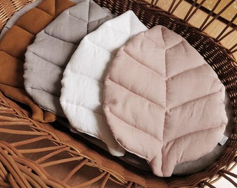 Organic Linen Leaf Baby Cushion, Dusty Pink Boho Nursery Decor, Natural Handmade Pillow