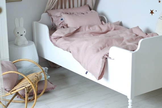 Pink Linen Kids Bed Set, Organic Linen Bedding for Children