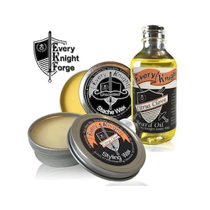 Every Knight Premium, All-natural Beard & Mustache Grooming Kit for Men - Oil, Wax/Balm, Wax Combo Set: 5 Scent Choices