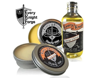 Every Knight Premium, All-natural Beard & Mustache Grooming Kit for Men - Oil, Wax/Balm, Wax Combo Set: 5 Scent Choices