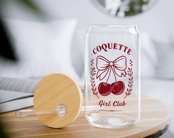 Cherry Blossom Sipper Glass with Bamboo Lid, Coquette Drink Bottle