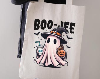 Borsa in tela di cotone con motivo fantasma di Halloween: stagione spettrale del "dolcetto o scherzetto"