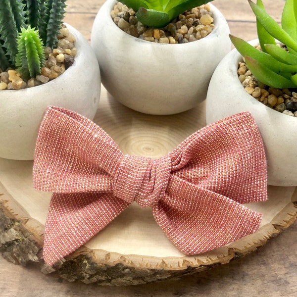 Coral and Gold Linen Bow | 20 styles | Coral Gold Sparkle Bow, Schoolgirl Bow, Tuxedo Bow, Pigtail Bow, Sailor Bow, BUY 3 GET 1 FREE!