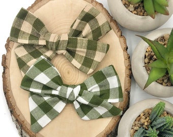 20 styles | Green Buffalo Check Bow (3/8") | Moss Gingham bow, Plaid Bow, Summer Fall Bow, Schoolgirl Bow, Pigtail Bow, BUY 3 GET 1 FREE