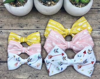 Arrow Bow on Nylon, Clip or Hard Headband; Pink Arrow Bow, Coral Arrow Bow, Yellow Arrow Bow, Baby Girl Bow, Toddler Bow, BUY 3 GET 1 FREE!