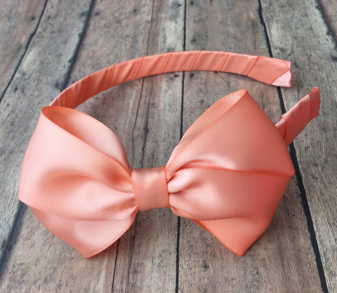 Peach Satin Bow on Hard Headband, Large Peach Bow, Ribbon Wrapped