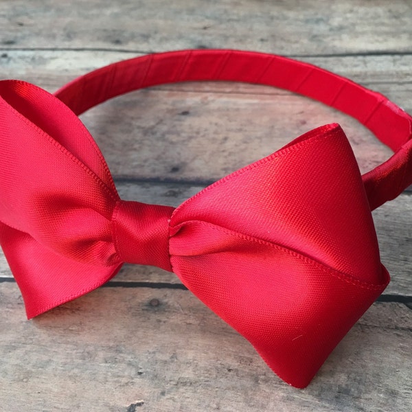 Red Satin Bow on Hard Headband, Large Red Bow, Ribbon Wrapped Headband, Red Big Girl Bow, Red Headband, Red Satin Bow