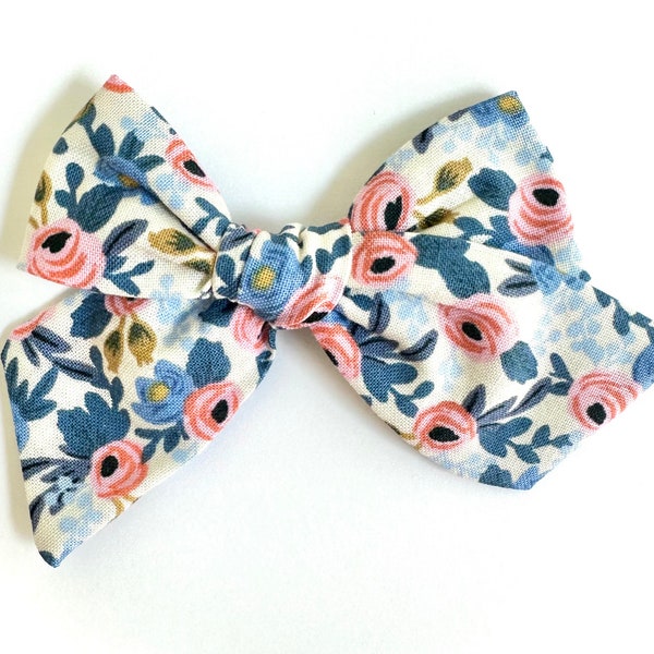 Light Blue Floral Bow | 20 styles | Ivory Blue Rifle Paper Co, Spring Bow, Schoolgirl Sailor Bow, Pigtail Bows, BUY 3 GET 1 FREE!