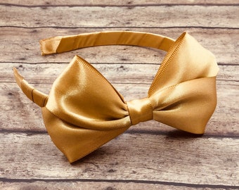 Gold Satin Bow on Hard Headband, Large Gold Bow, Ribbon Wrapped Headband, Gold Big Girl Bow, Gold Wrapped Headband, Gold Headband