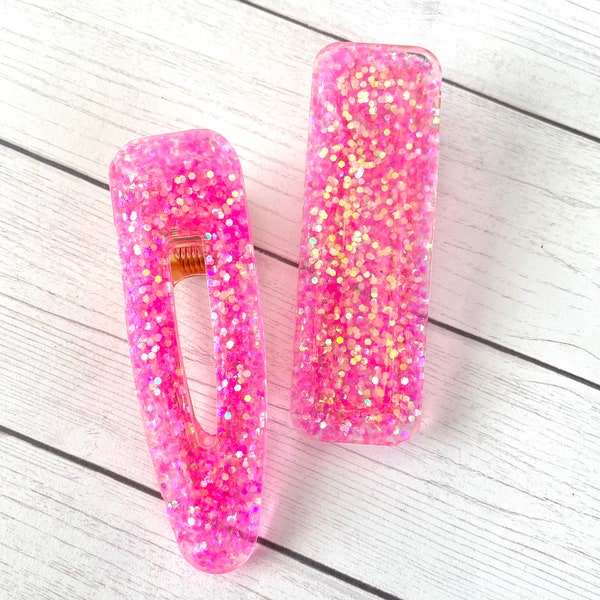 Neon Pink Glitter Clip, You Choose 1! | 6 Shapes | Chunky Glitter Hair Clip, Bright Resin Acrylic Clip, Duckbill Clip, BUY 3 GET 1 FREE!