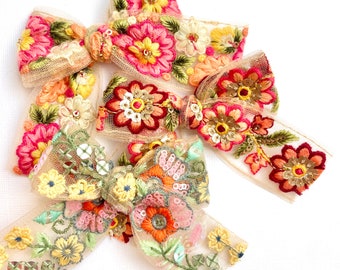 Floral Embroidered Bow, You Choose 1! | Sequin Lace Bow, Schoolgirl Bow, Pigtail Bow, Summer Fall Bow, BUY 3 GET 1 FREE!