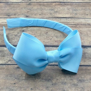 Light Blue Bow on Hard Headband, Light Blue Headband, Blue Hair Bow, Blue Headband, Solid Blue Bow, Sky Blue Hair Bow, BUY 3 GET 1 FREE image 1