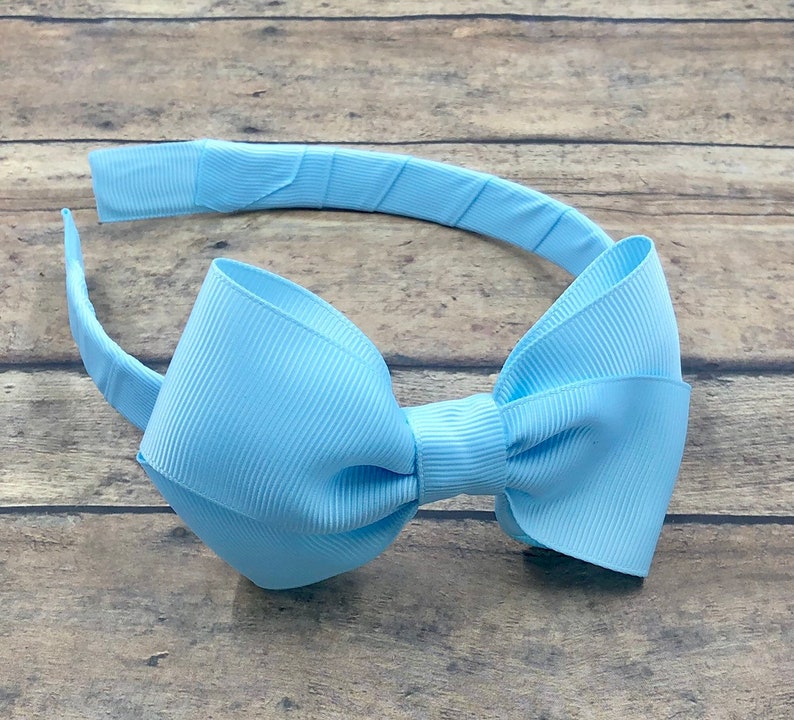 Light Blue Bow on Hard Headband, Light Blue Headband, Blue Hair Bow, Blue Headband, Solid Blue Bow, Sky Blue Hair Bow, BUY 3 GET 1 FREE image 1