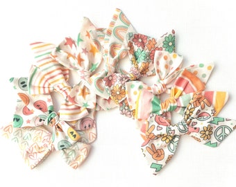 Warm Groovy Bow | 20 Styles, You Choose One | Schoolgirl Bow, Pigtail Bows | Peace Sign Floral Bows, Girl Power Fall Bows, B3G1Free!