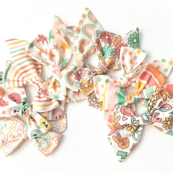 Warm Groovy Bow | 20 Styles, You Choose One | Schoolgirl Bow, Pigtail Bows | Peace Sign Floral Bows, Girl Power Fall Bows, B3G1Free!